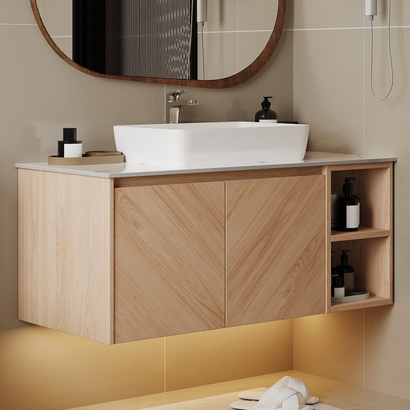 35.83'' Single Bathroom Vanity with Stone Top, Brown Wood, Black Vessel, Floading Vanities