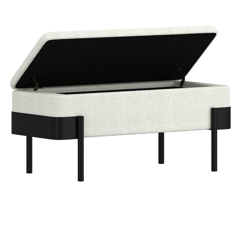 Mid-Century Modern Boucle Fabric & Metal Storage Bench - Ivory & Black