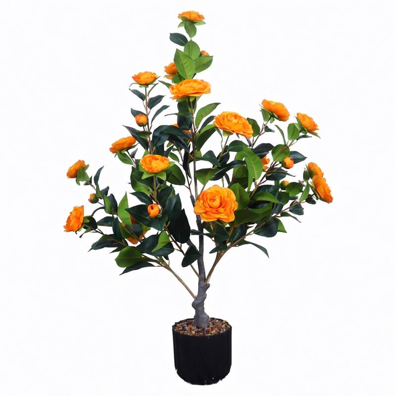 Artificial Camellia Tree 2 Pack, 36"Faux Camellia Plant in Pot with Orange Flowers, Greenery Potted Plant for Indoor Outdoor
