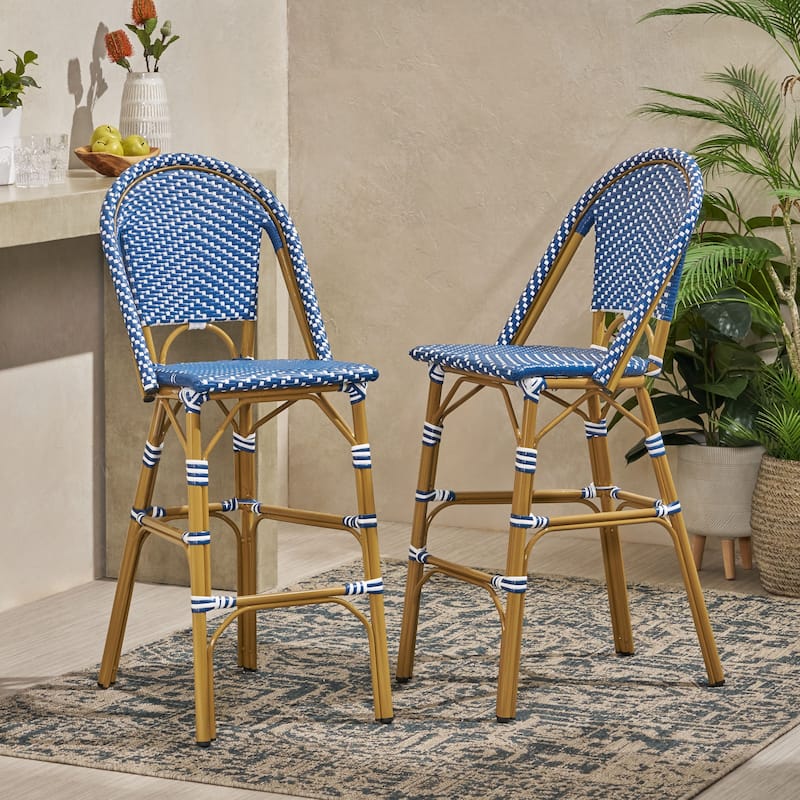 Wicker Bar Stool with Aluminum Frame - Teal Blue