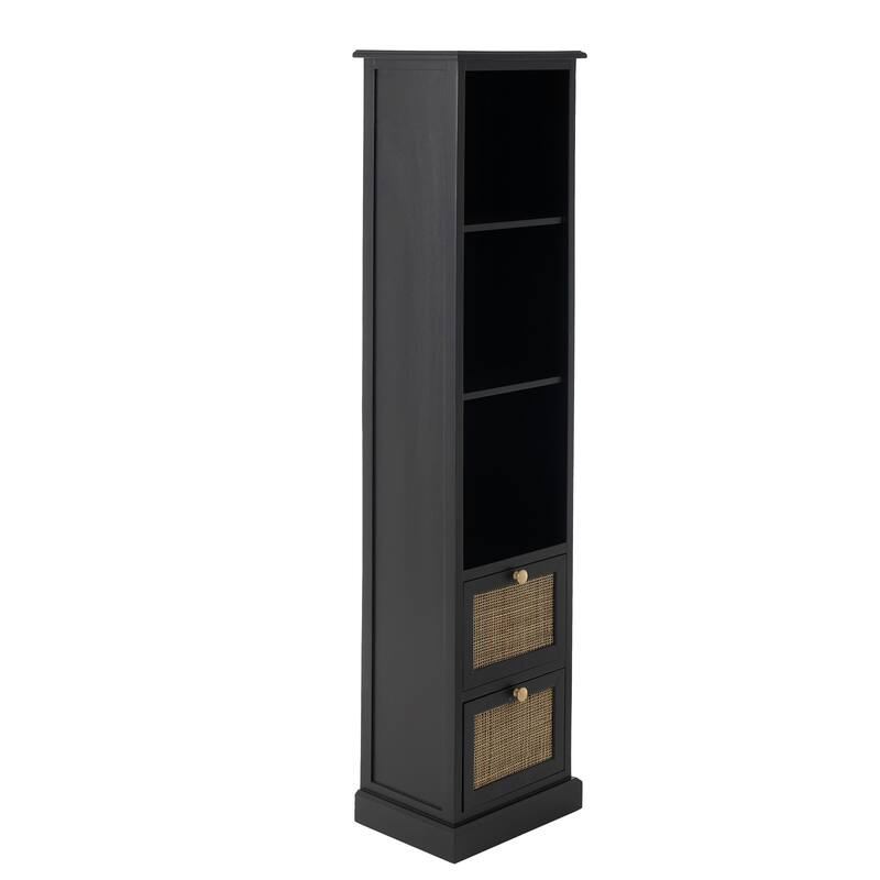 Black Wood 3 Shelves and 2 Drawers Cabinet with Rattan Front