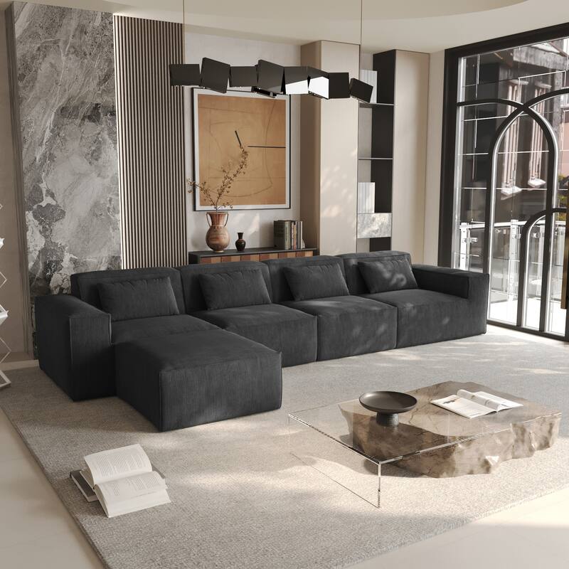 L-shape Corduroy Sectional Sofa with Ottoman, Flexible Combinations 5-Seater Living room Couch - Black