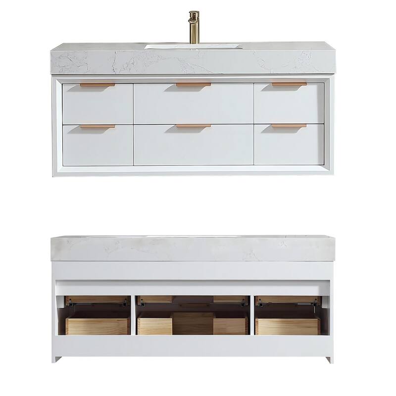 36/48/60 Modern Floating Bathroom Vanity with Sinle/Double Sink & Soft-Close Drawers & LED Lighting & Waterproof, White