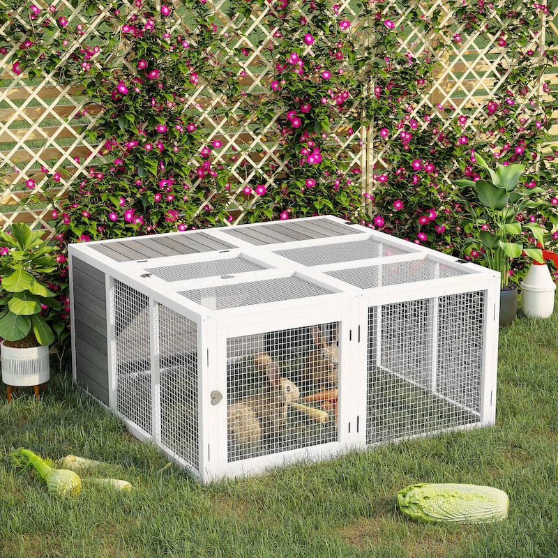Grey Fir Wood Bunny Hutch with Metal Frame, Skylight & Foldable Roof - 47.2" L x 47.2" W x 23.6" H
