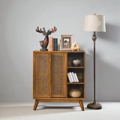 Mid-Century Rattan Sideboard Buffet Cabinet with Adjustable Shelves and Solid Wood Legs for Kitchen or Entryway