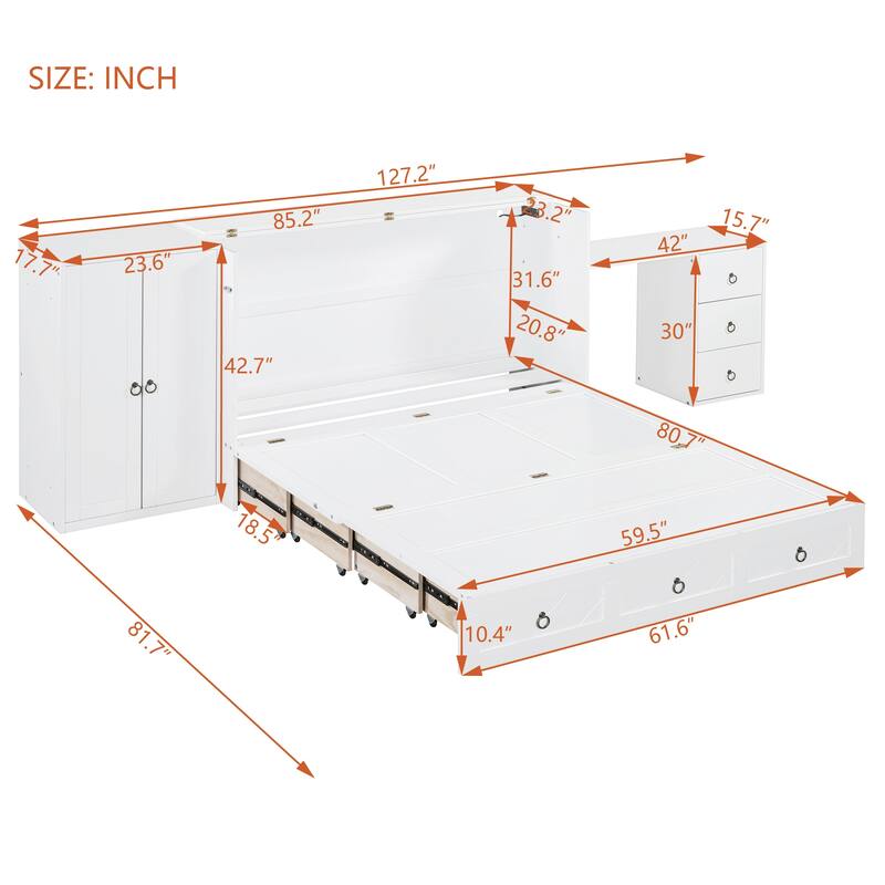 Multifunctional Queen Murphy Bed with USB, Wardrobe, and Desk - Cabinet Bed with Ample Storage