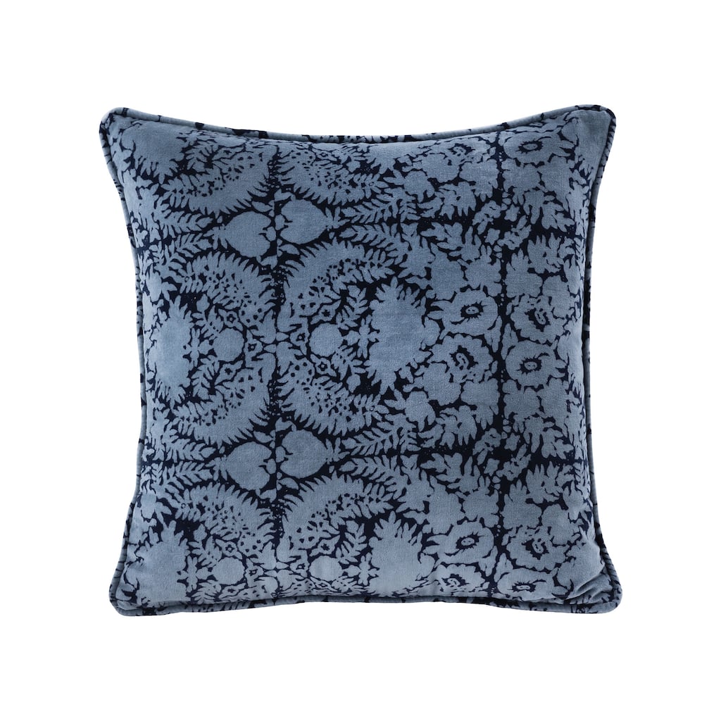 Blue Patterned 20x20 Hand-Printed Reversible Pillow in 100% Cotton Velvet - COVER ONLY