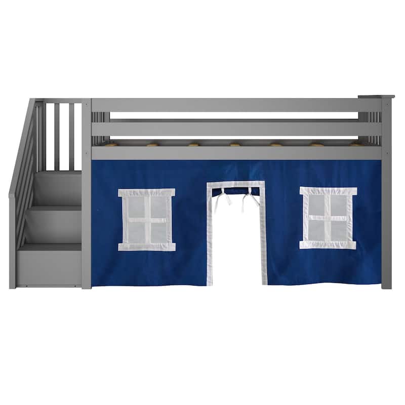 Max and Lily Twin Low Loft with Stairs and Curtains