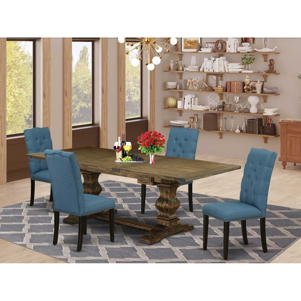 5-Piece Dining Table Set - Wood Table & Linen Fabric Chairs - Distressed Jacobean & Black Finish