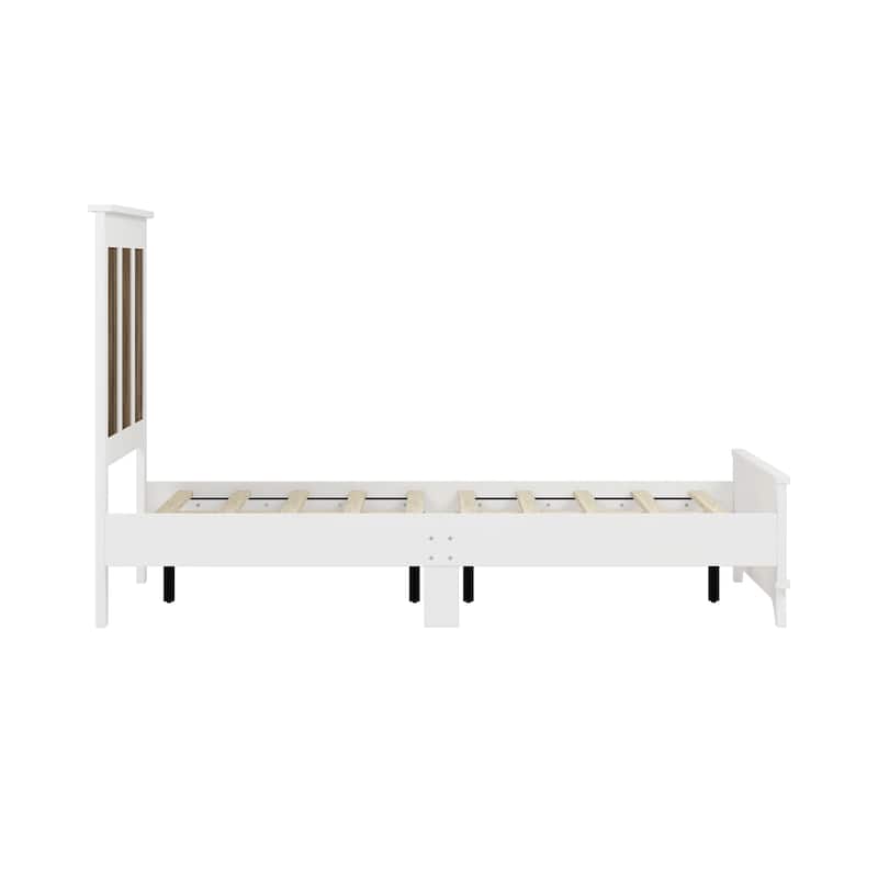 Wooden Platform Bed, Wingback Bed Frame with Wooden Strip Decoration Headboard and Footboard, Plywood Slats Support