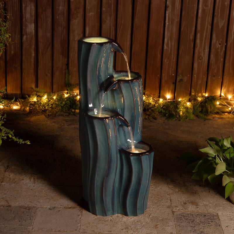 Glitzhome 29.5"H 4-Tiered Wavy Textured Outdoor Ceramic Floor Fountain with LED Light