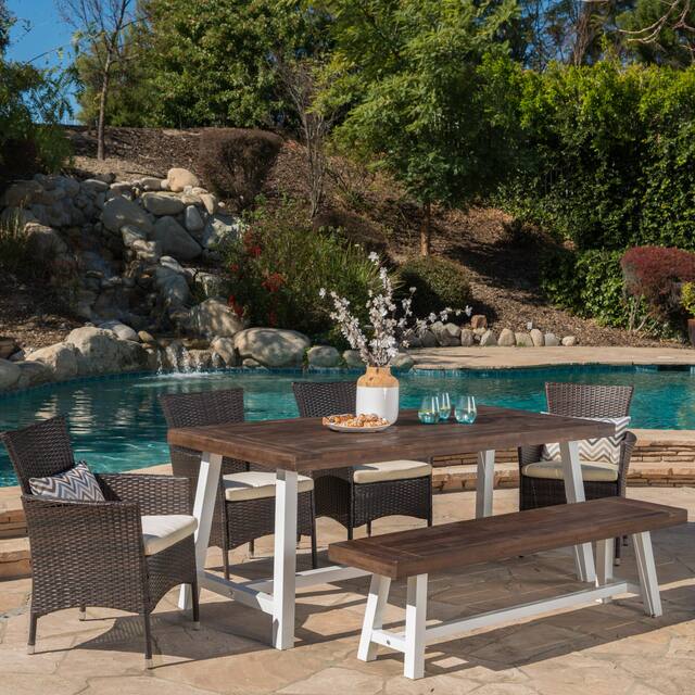 Linden Outdoor 6 Piece Rustic Iron and Acacia Wood Dining Set by Christopher Knight Home