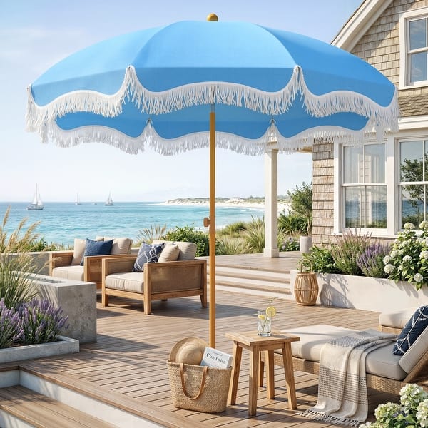 blue outdoor patio umbrella UV Resistant & White Striped 9' Auto Tilt Includes 3 position tilt to adjust to the angle of the sun PURPLE LEAF 15x9ft Double-Sided Rectangular