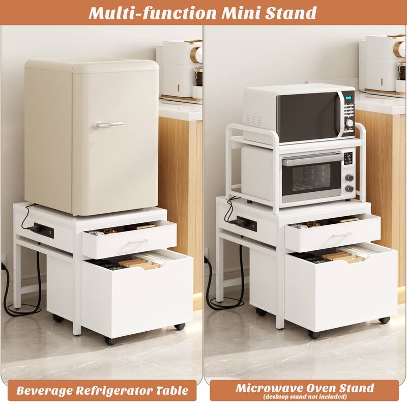 Mini Fridge Stand with Charge Station, Side/ End Table with Storage Drawers and Rolling Cabinet