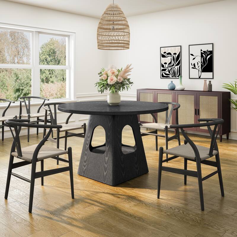 47" Round Farmhouse Dining Table with Storage Base & Wooden Tabletop for 4-6