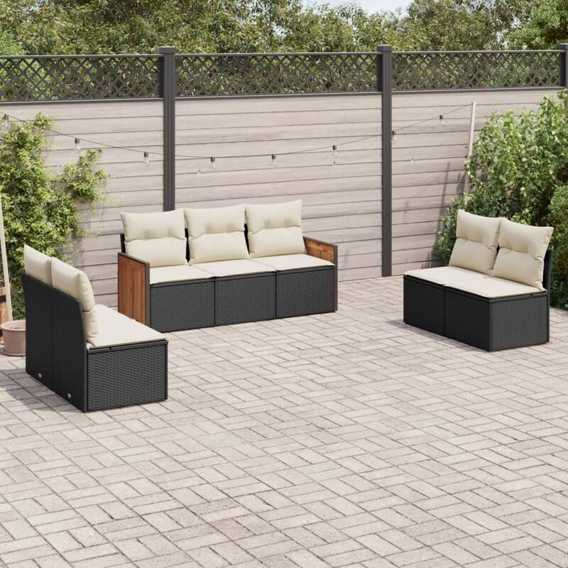 vidaXL Patio Sofa Set with Cushions Outdoor Conversation Furniture Poly Rattan - Black and cream without table - 24.4 x 23.2 x 27.2 in