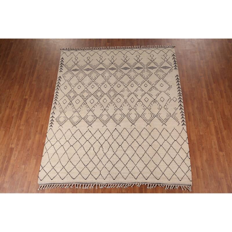 Earth Tone Trellis Moroccan Area Rug Handmade Wool Carpet - 8'1" x 9'6"