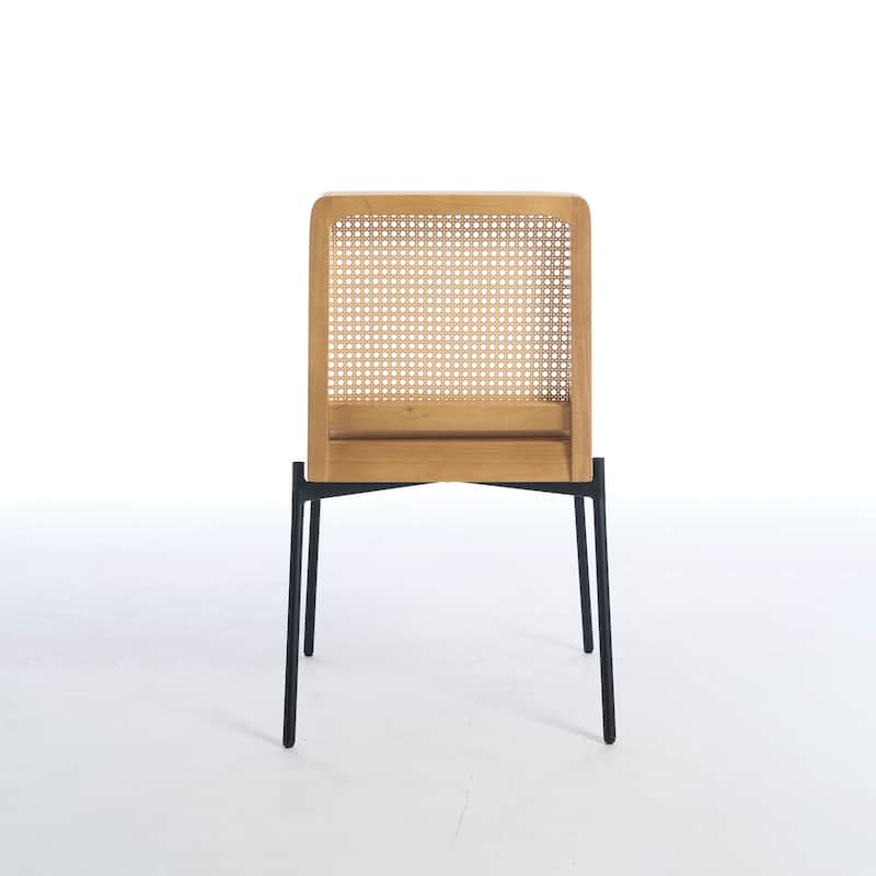 Mid-Century Linen Fabric Dining Chairs Set of 2 w/ Accent Rattan Backrest for Dining Room Living Room
