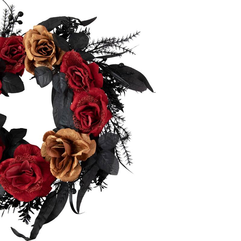 Red and Gold Roses with Black Foliage Halloween Wreath 22-Inch Unlit
