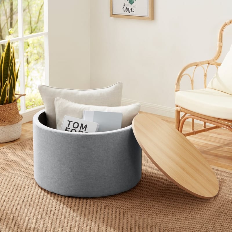 Parker Large Round Storage Coffee Table Ottoman with Wooden Lift Off Lid