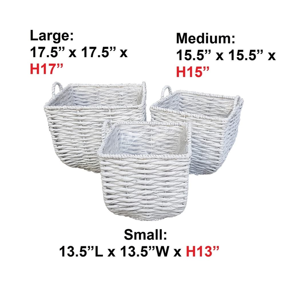 17.5", 15.5" & 13.5" Lucy Square Woven Water Hyacinth Baskets with Handles (Set of 3 Sizes)