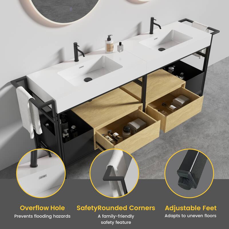 GDFStudio - Forte Industrial Metal Frame Bathroom Vanity with Artificial Stone Basin, Towel Rack & Open Storage