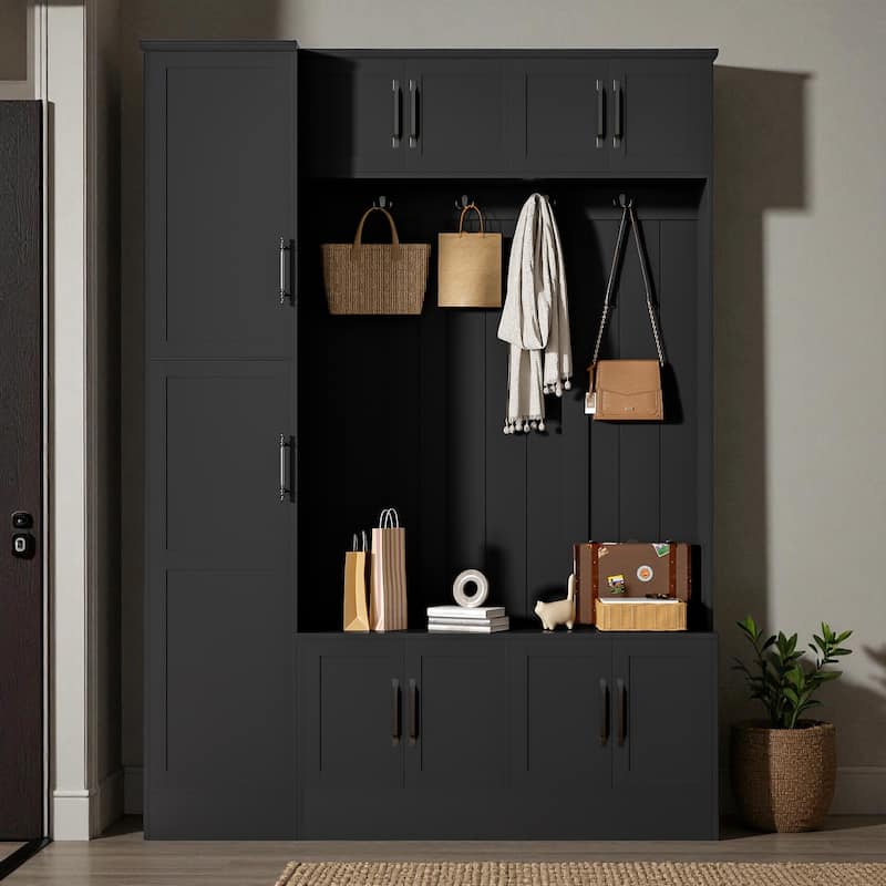 79'' Tall Modern 4-in-1 Hall Tree with Bench, 6 Cabinets, Adjustable Shelves & Coat Hooks for Entryway, Hallway, Living Room - Black