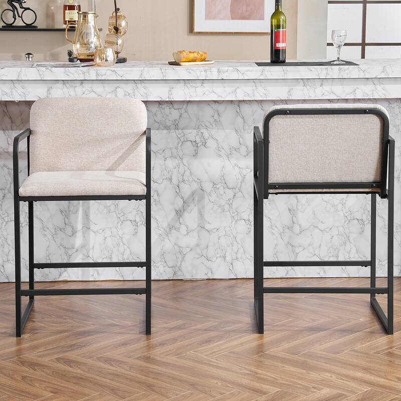 Upholstered Counter Height Bar Stool Set of 2, Armchair with Metal Frame