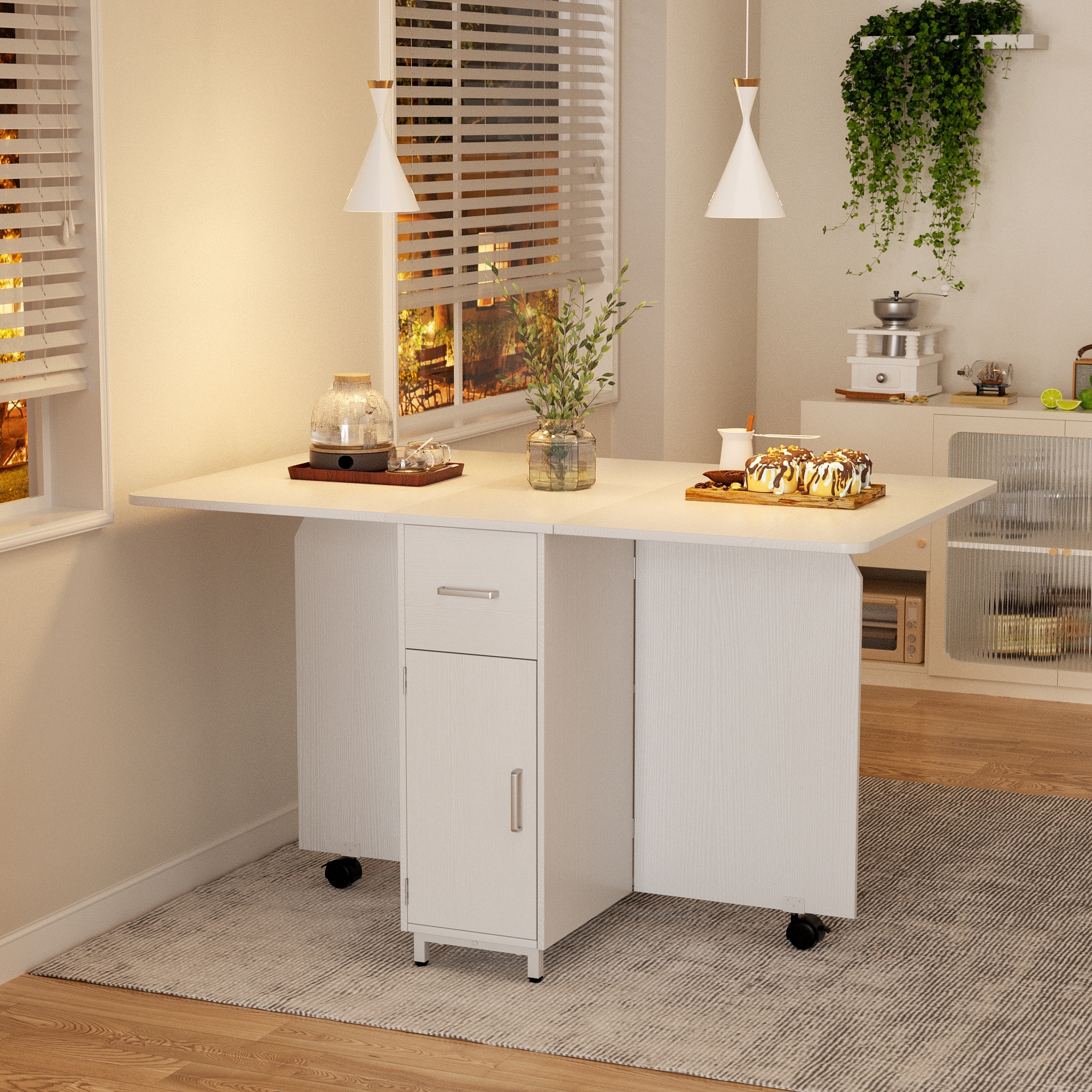 Modern Farmhouse Foldable Dining Table with Storage Cabinet