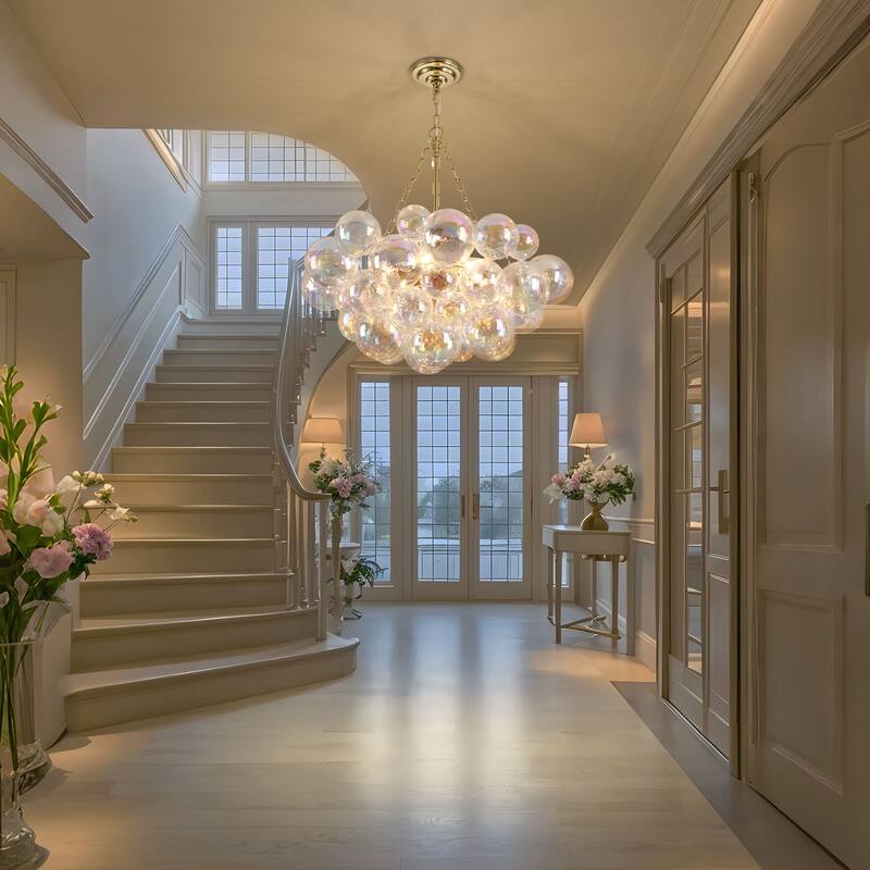 Starsky 6-Light lridescent Bubble Glass Globe chandelier, Hand-Blown Colorful cluster Light, Adjustable Height, Gold or Nickel