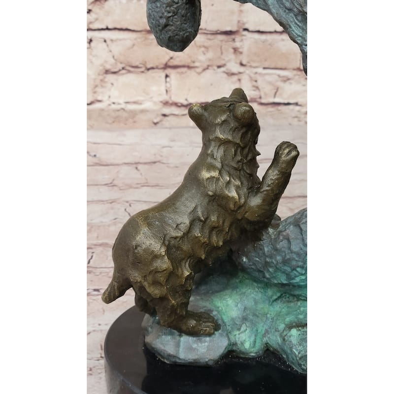 Bear Family Looking For Honey In A Tree - Bronze Sculpture Decor On Marble Base