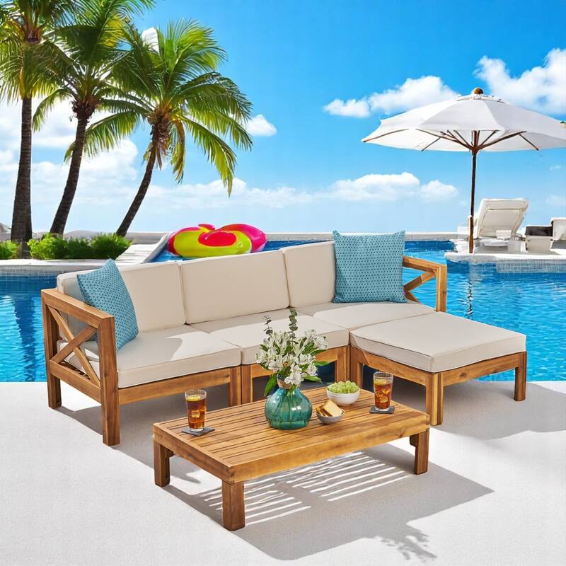 2-Piece Acacia Wood Outdoor Sectional Sofa Set with Water-Resistant Cushions, Ottoman, and Coffee Table - Patio Furniture set - Beige