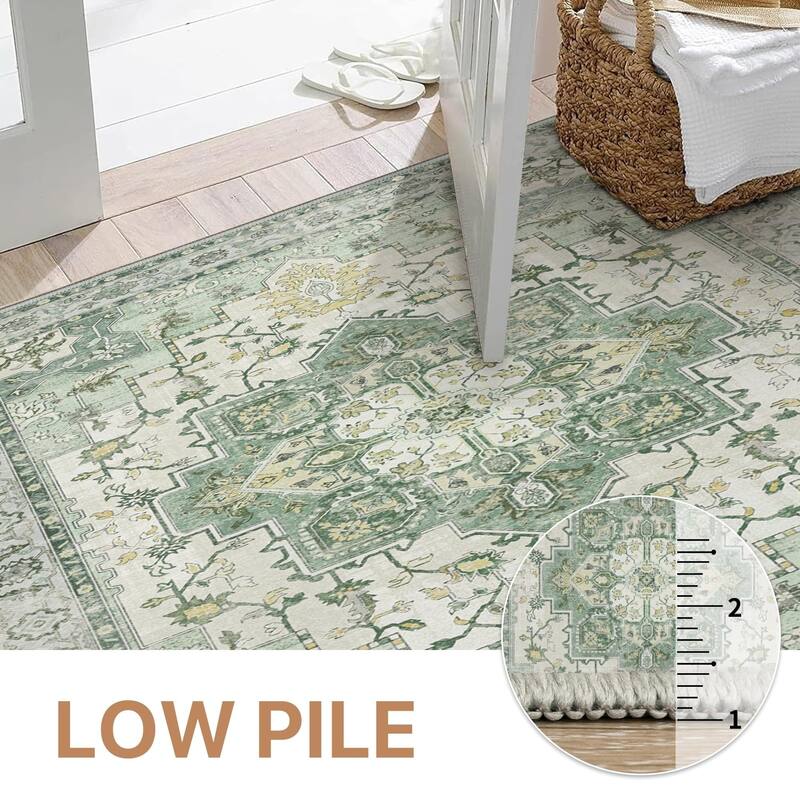 Mcow Green Floral Faded Low Pile Machine Washable Non-Slip Area Rug