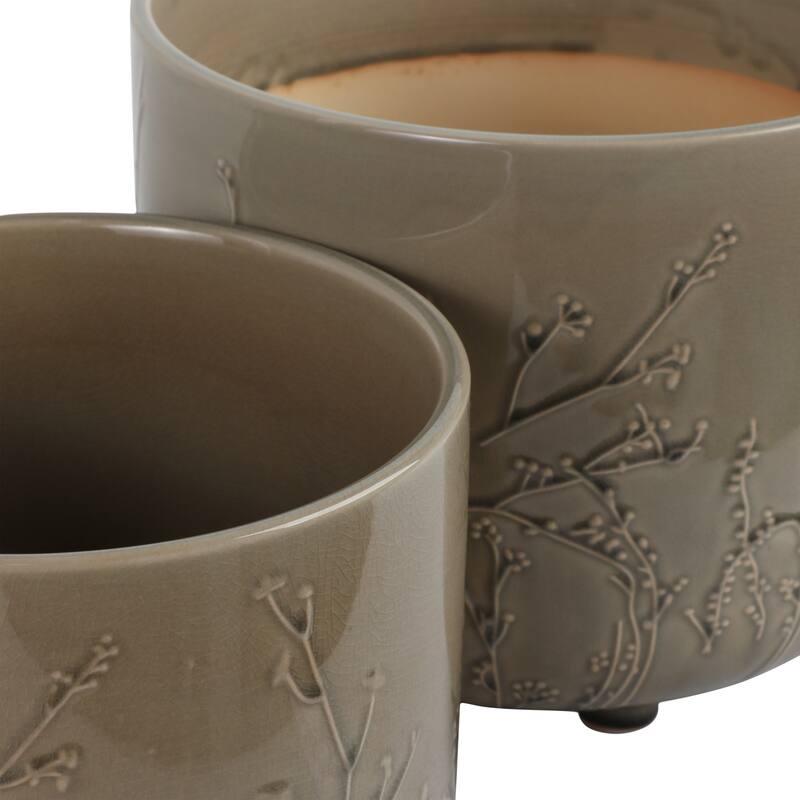 Ceramic Stoneware Planter with Raised Botanical Texture Footed Base