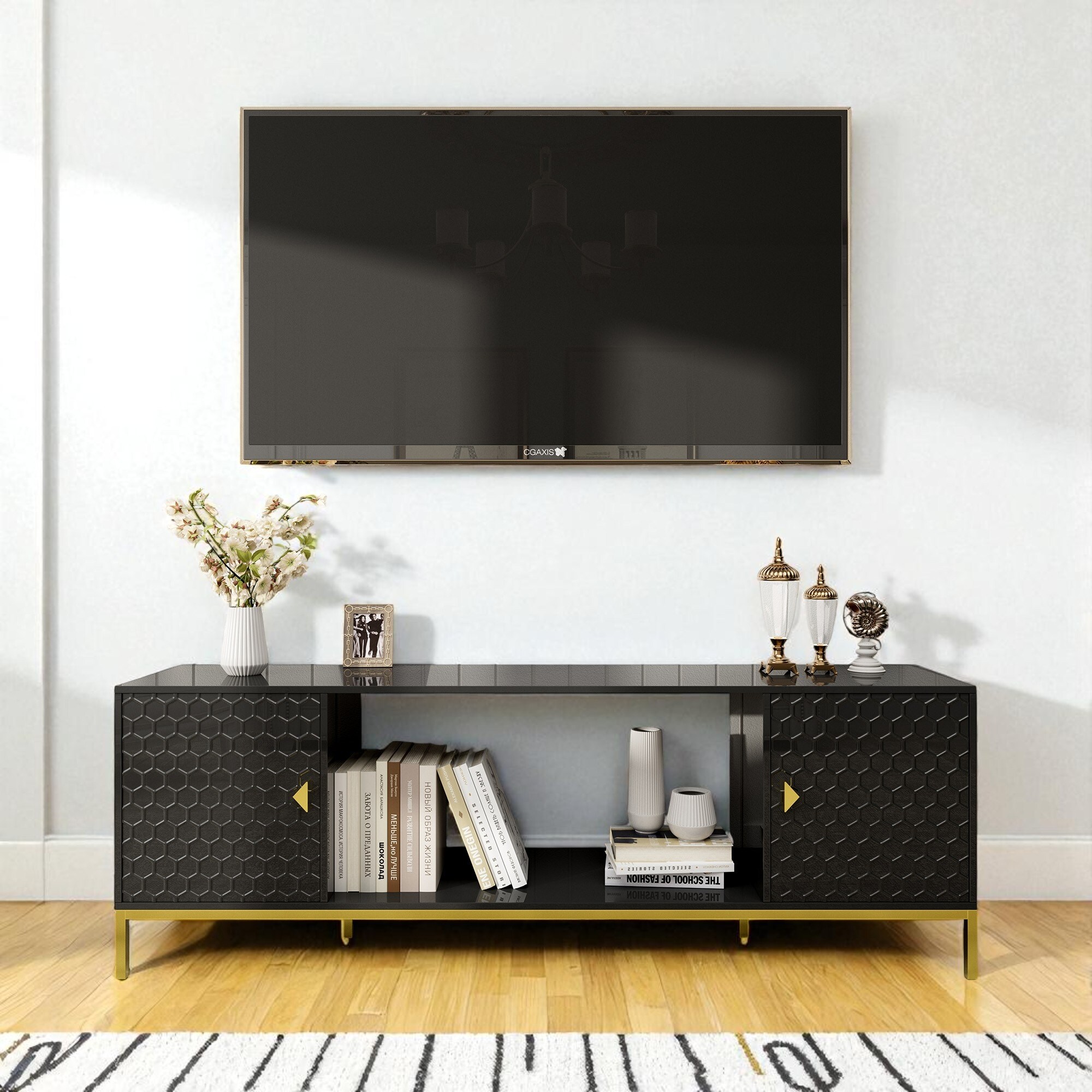 70 Inch Modern TV Stand with Honeycomb Embossed Doors, Fireplace Space, Adjustable Shelves, Golden Metal Legs for Living Room