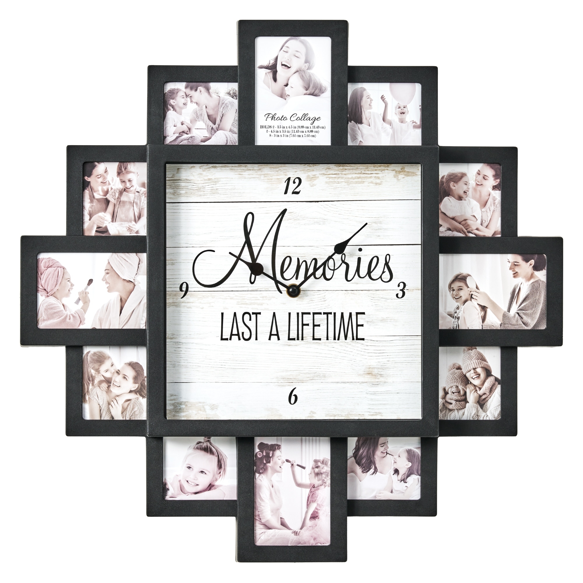 Memories 20 x 20 Black Farmhouse Photo Collage Wall Clock with 12 Picture Frames, Family Memory Display - 20" x 20"