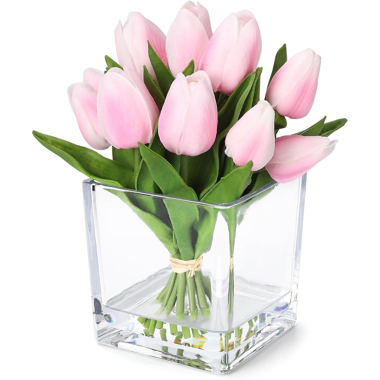 Pink Mini Real Touch Artificial Tulips with Vase, 12-Head PU Bouquet for Home Decor