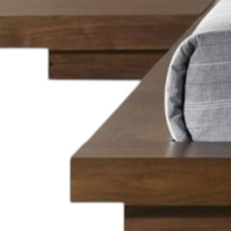 HomeRoots Walnut and White Wood And Faux Leather Queen Bed Frame With Attached Nightstands
