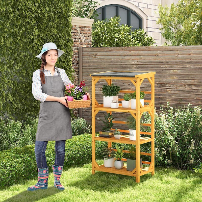 Gymax Outdoor Wood Garden Shelf 3-Tier Ladder Plant Stand w/