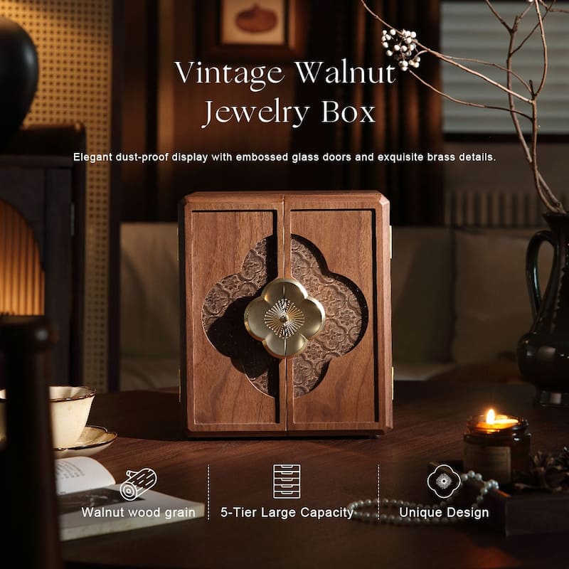 Walnut Color Double Doors with Begonia Handle 5-Layer High Capacity Jewelry Box - 9.06
