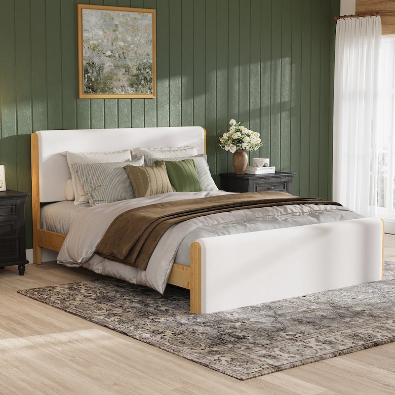 Christopher Knight Home - Mapleton Contemporary Wood Upholstered Panel Bed with Padded Headboard and Footboard - Beige+Natural - Queen