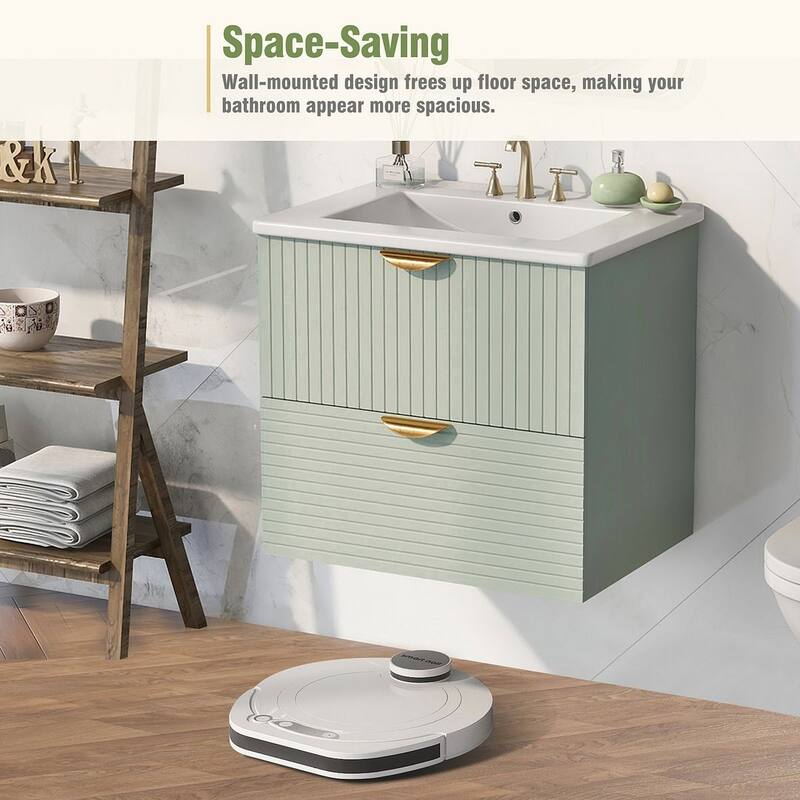 24” Modern Wall Mounted Bathroom Vanity with Ceramic Sink and 2 Drawers