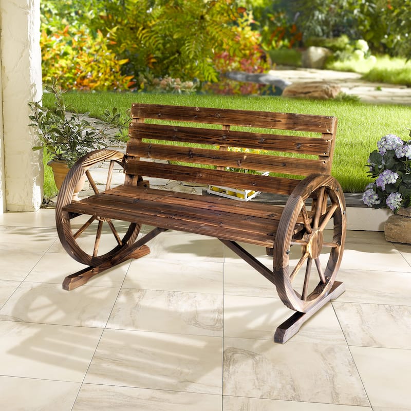 Outsunny Outdoor Patio Wagon Wheel Wooden Bench Chair