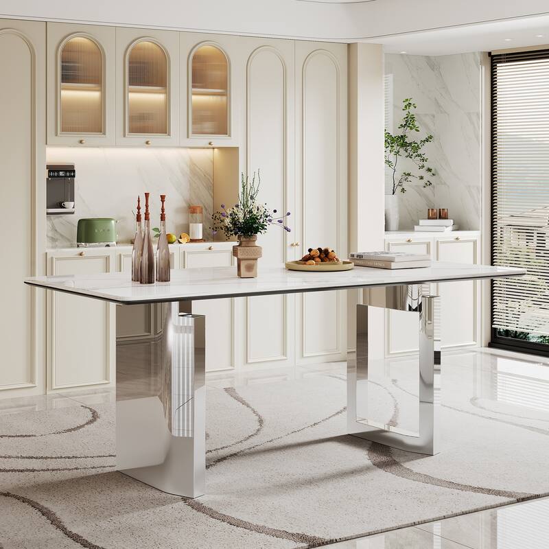 0.47" Thick Sintered Stone Composite Tempered Glass Top Rectangular Dining Table with Stainless Steel Base