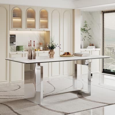 0.47" Thick Sintered Stone Composite Tempered Glass Top Rectangular Dining Table