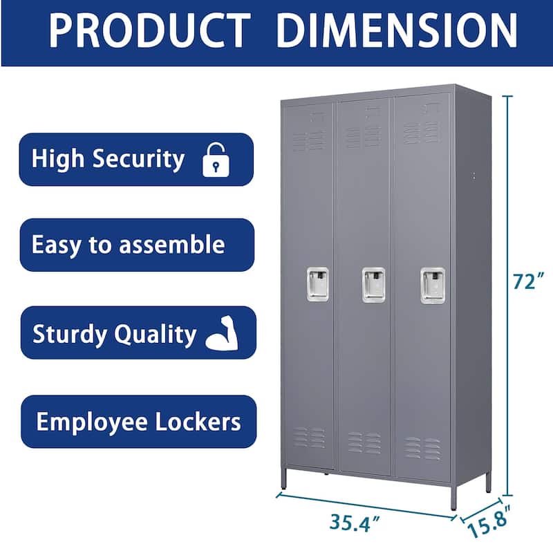 72"H Metal Lockers With 3 Door,Storage Cabinet With Lock for Employees,School,Gym