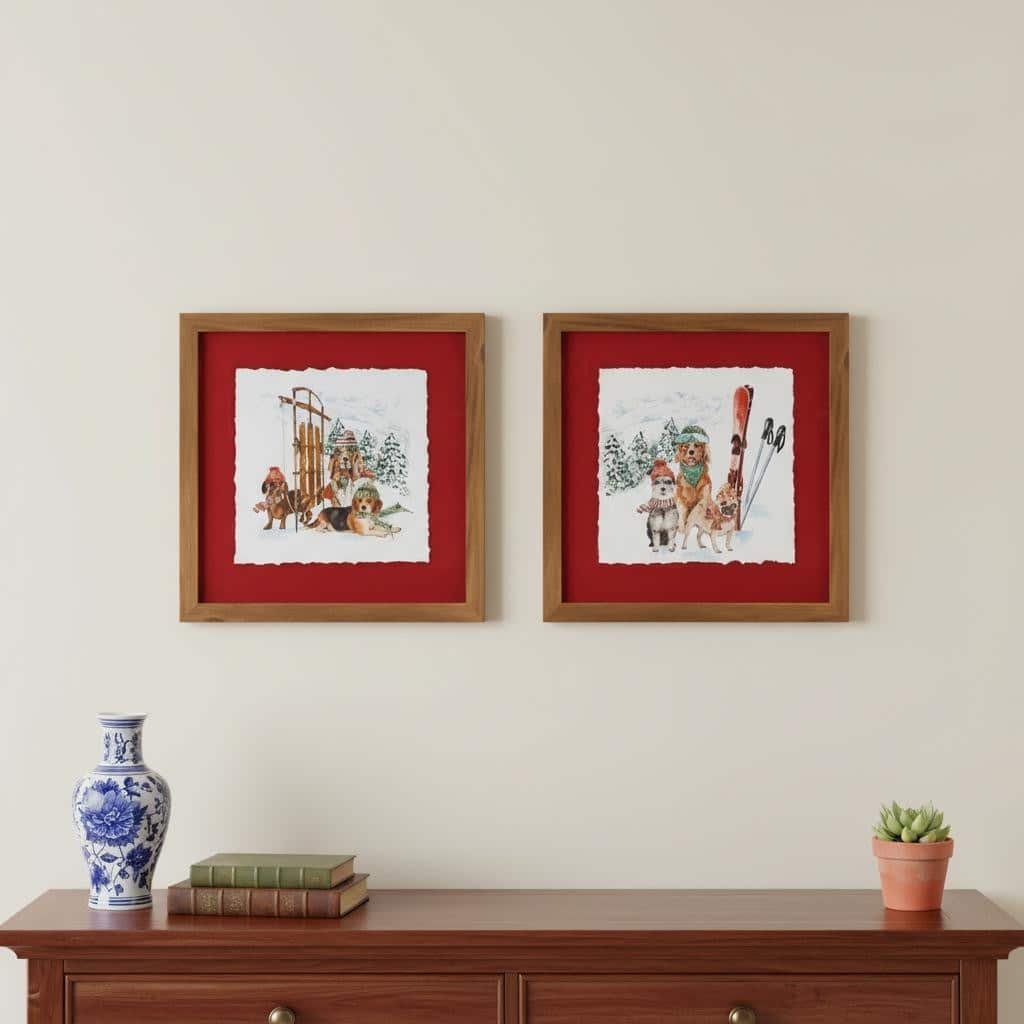 HomeRoots Set Of Two Dog Sled and Ski Brown Framed Wall Art