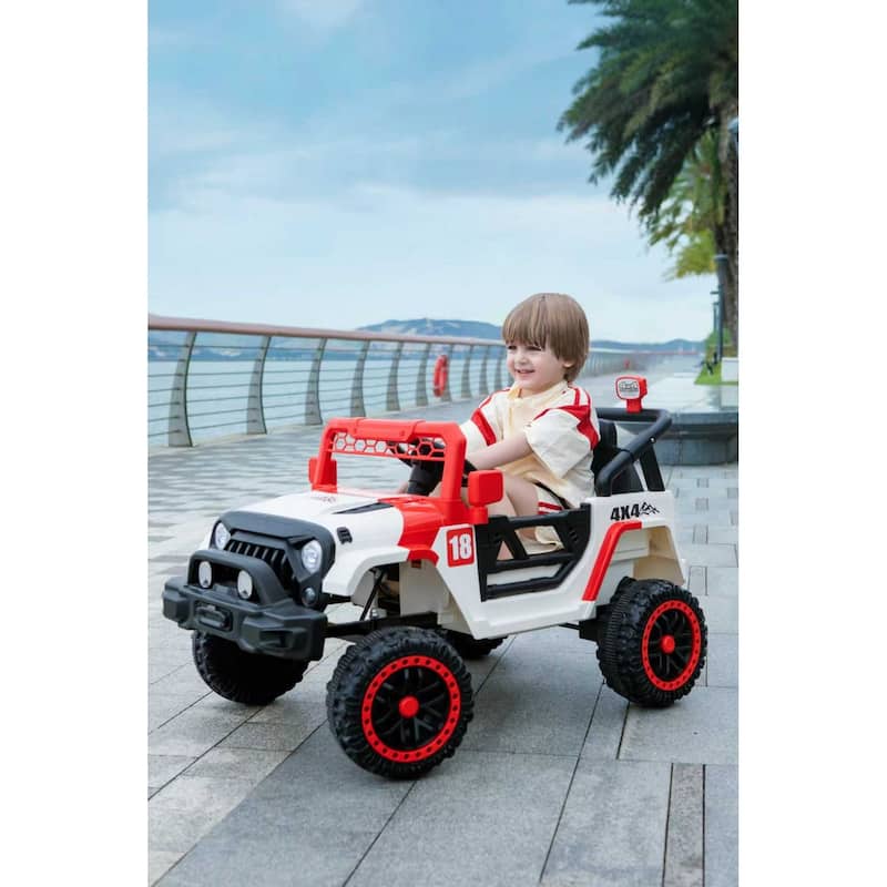 12V Kids Electric Off-Road Car with Remote, White Red Battery Powered Electric Car Electric Vehicle with LED Lights