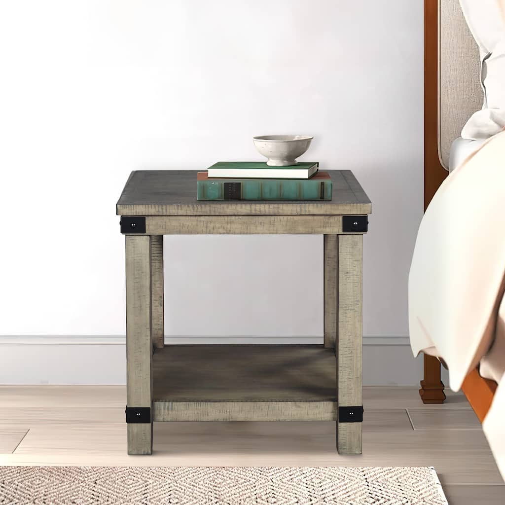 Farmhouse Style End Table with X Shaped Sides and Open Bottom Shelf, Gray
