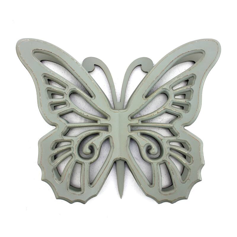 Set of 2 Wooden Butterfly Wall Plaque with Cutout Detail, Light Gray